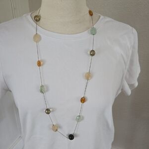 Long Multi-Color Bead Necklace — Green, Amber, Beige, Gray, Black